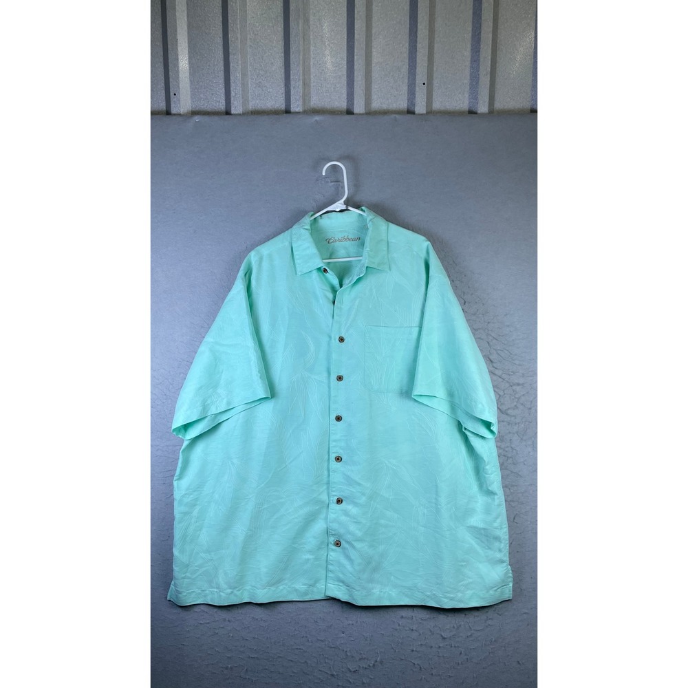 Caribbean Button Down Shirt Mens 3XB Mint Green Good Palm Leaf Jacquard Camp
